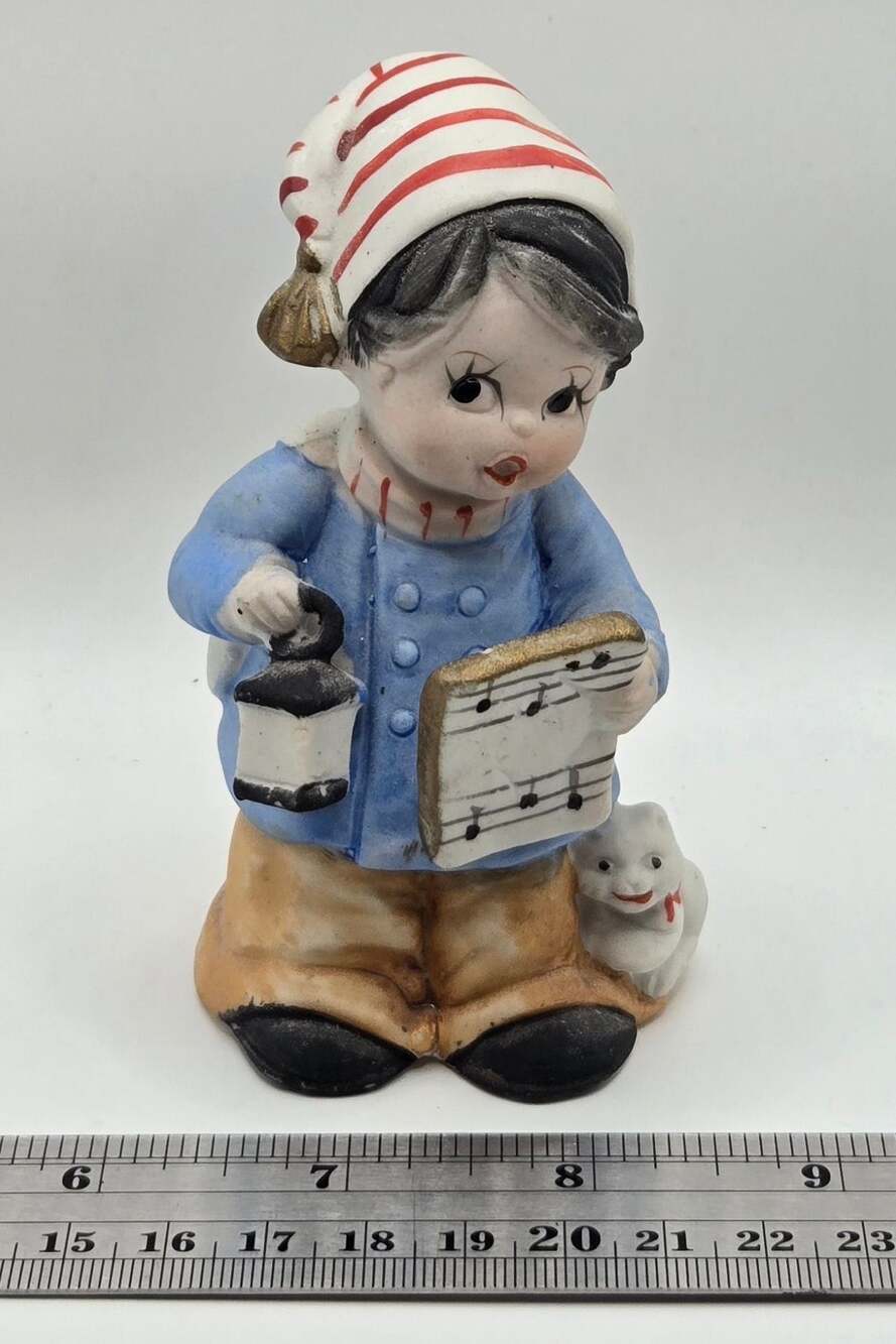 Vintage 1980 MWC Taiwan Ceramic Caroler Bell Figurine Boy Lantern Cat